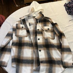 No Boundaries Plaid Hooded Shacket in Cream, Brown & Black